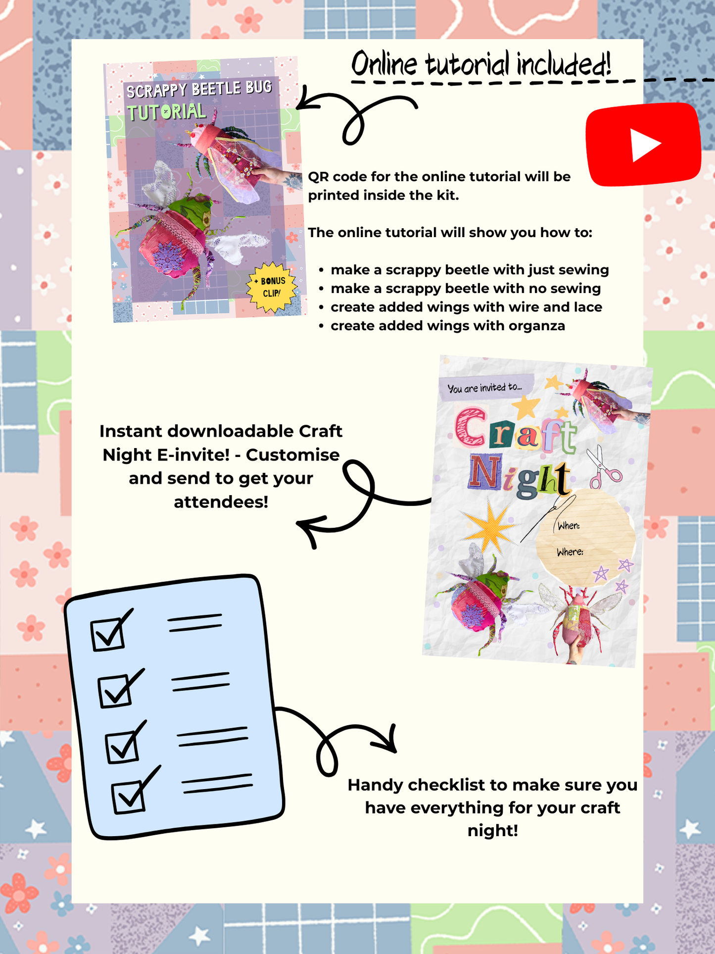 CRAFT NIGHT KIT! - Scrap Buster Fabric Beetle Bug Sewing Kit (minimum 2 kits)